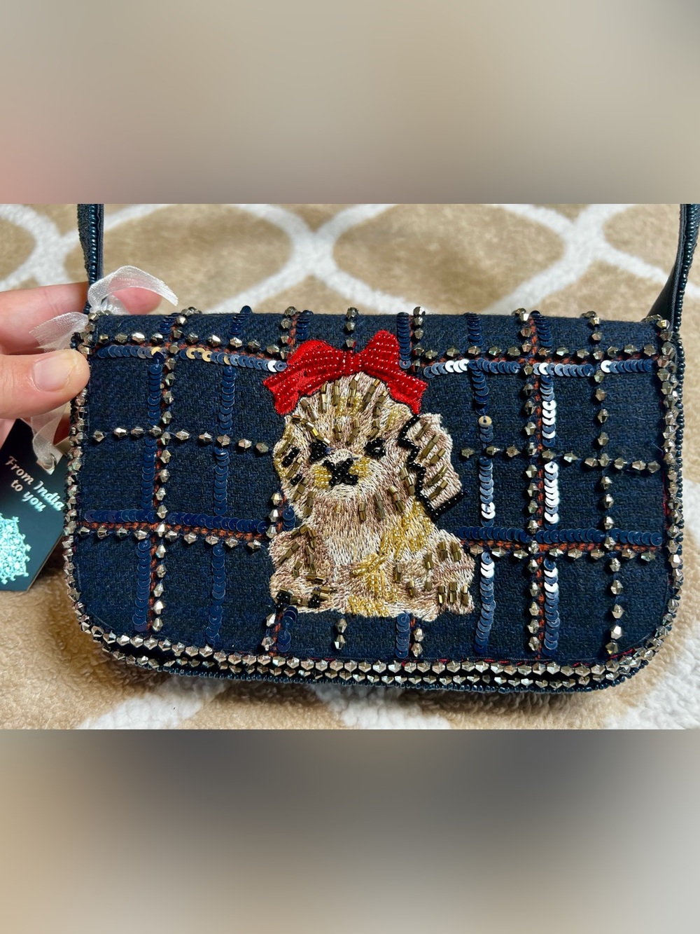 Viral TJ MAXX Navy Embroidered Puppy Beaded Purse